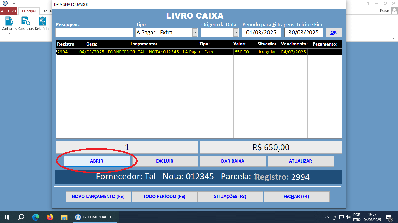 Cadastrando Contas a Pagar no Livro Caixa