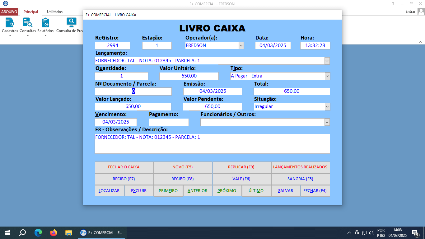 Cadastrando Contas a Pagar no Livro Caixa