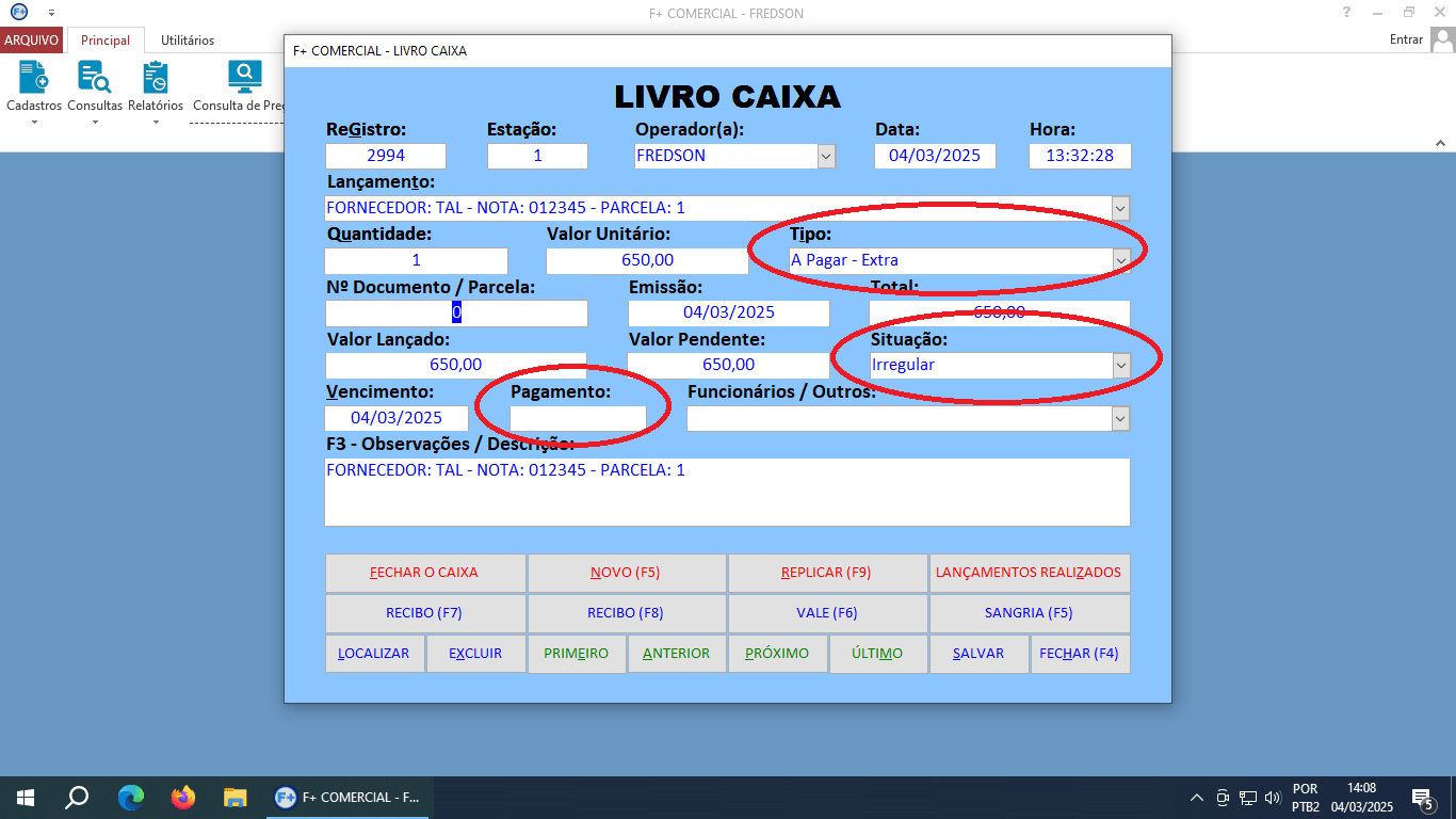 Cadastrando Contas a Pagar no Livro Caixa
