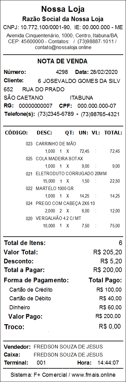 Cupom Não Fiscal Cupom Não Fiscal