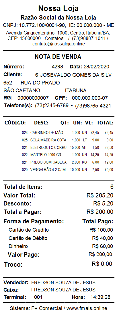 Cupom Não Fiscal Cupom Não Fiscal