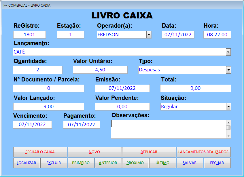 Lançamento no Livro Caixa Lançamento no Livro Caixa