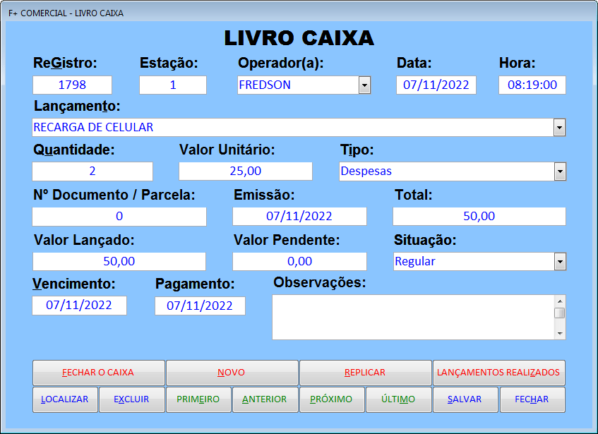 Lançamento no Livro Caixa Lançamento no Livro Caixa