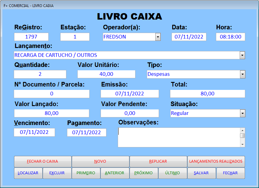 Lançamento no Livro Caixa Lançamento no Livro Caixa