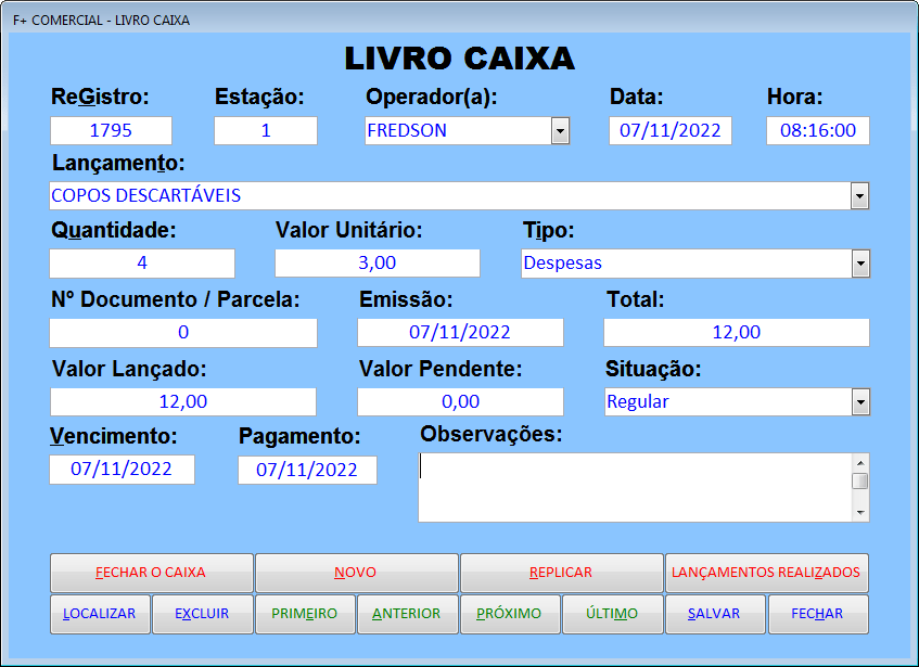 Lançamento no Livro Caixa Lançamento no Livro Caixa