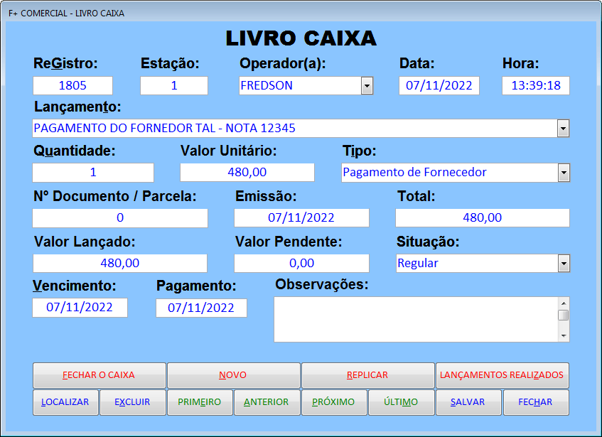 Lançamento no Livro Caixa Lançamento no Livro Caixa