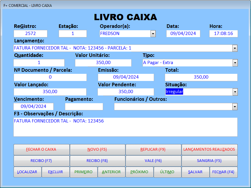 Lançamento no Livro Caixa Lançamento no Livro Caixa